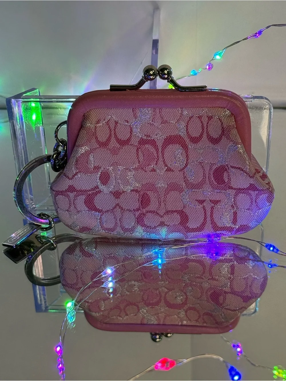 Coach Vintage Optic Pink Signature Kiss-Lock Coin Purse with Key Ring